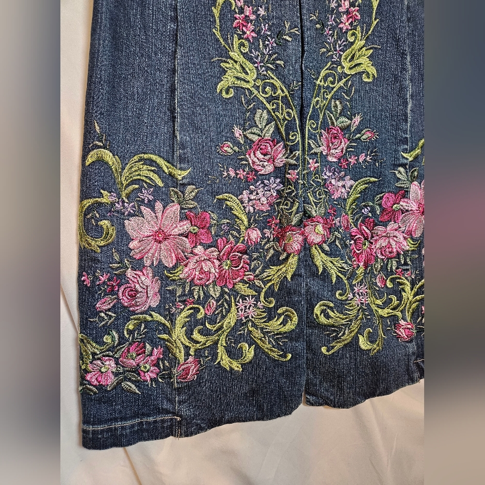 A.M.I. Embroidery Floral Duster Jean Denim Jacket Size Small Boho Western - Picture 2 of 11